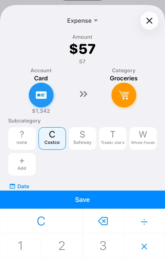 Expense form: wallet, category, subcategory, amount and date